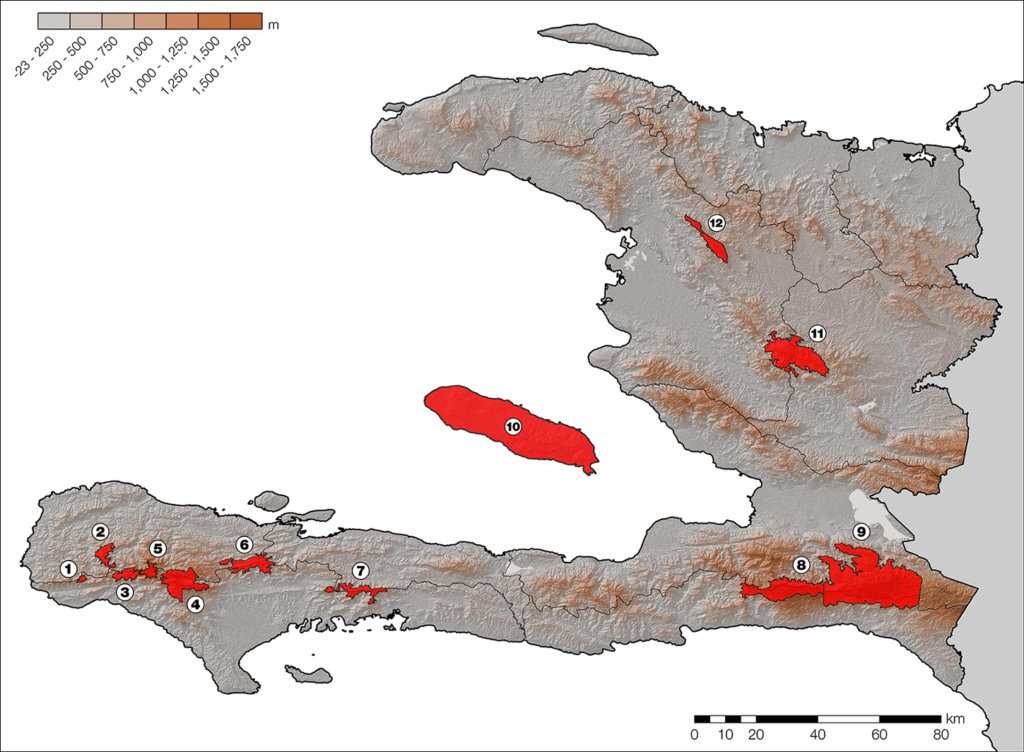 A map of Haiti biodiversity hotspots. Grand Bois National Park is #1 on map. Image courtesy of Haiti National Trust.