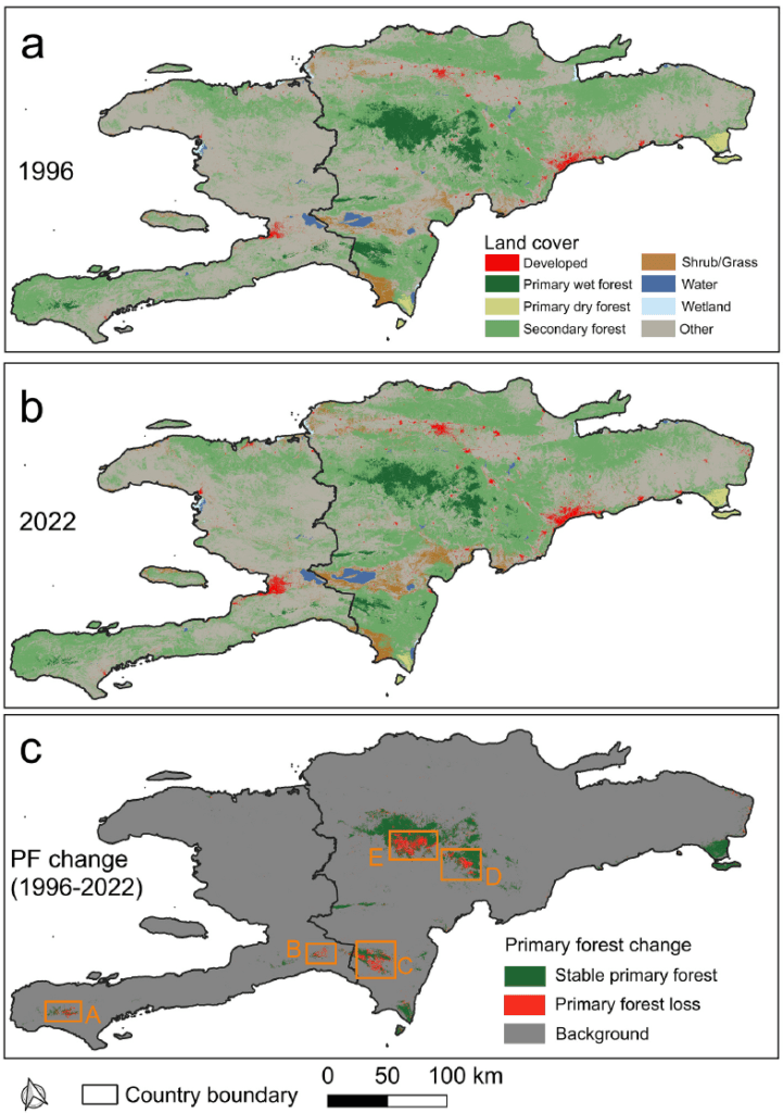 Land cover maps of Hispaniola in 1996 (a) and 2022 (b). Subplot (c) shows the primary forest (PF) change information.